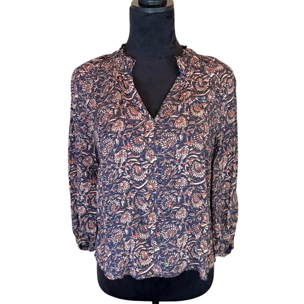 FAHERTY Portia Peasant Boho Blouse Top in Artisan Block Print,XS,Floral Bohemian